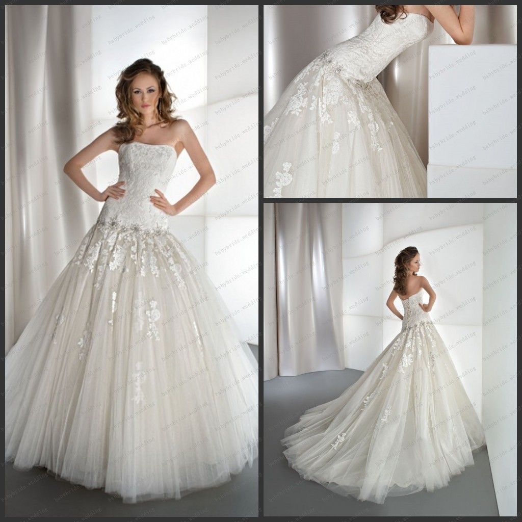 Strapless Lace Tulle Dropped Waist Demetrios Wedding Dress 14379 Appliques On Skirt Corset Back