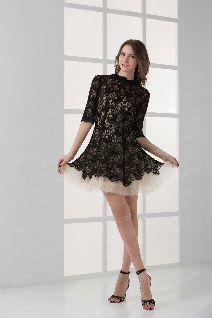 Simple Vintage Black Cream High Neck Cocktail Dress Half Sleeve Empire