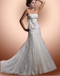 Wholesale 2012 New Wedding Dress Tulle Strapless Straight Neckline Lace Empire Bow Beaded Mermaid Bridal Gown