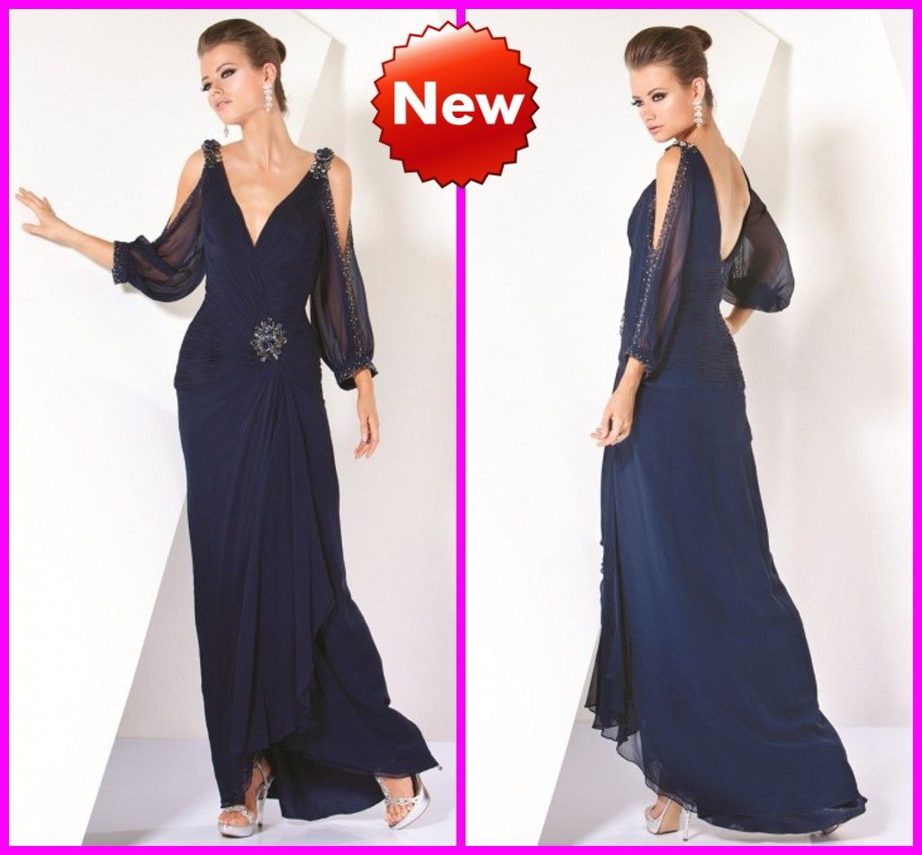 Chiffon Asymmetrical Sexy Evening Dresses Sheer Long Sleeves Dark Navy