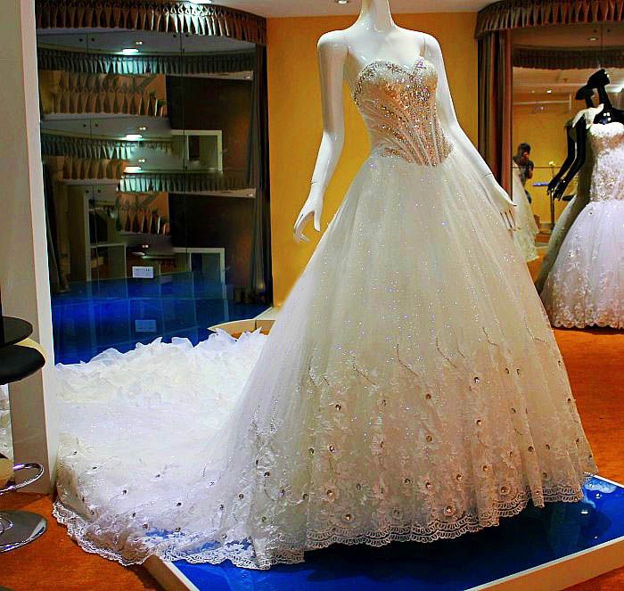 wedding dress with a long trail