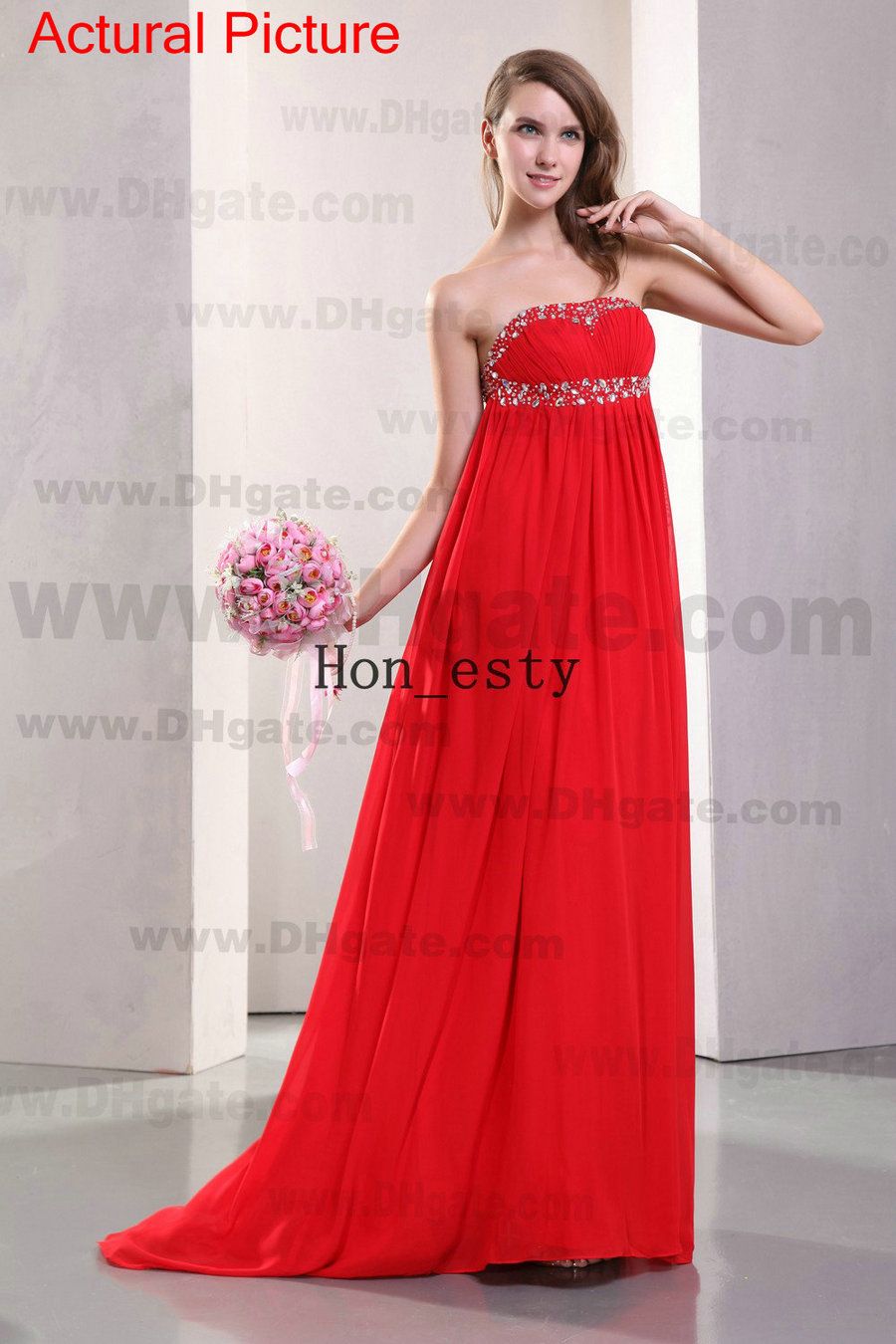 Bright Red Evening Dresses Chiffon Strapless Sequin Beading Crystal