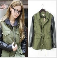 Woman Military Army Green Contrasting Black PU Faux Leather Sleeved Coat Jacket