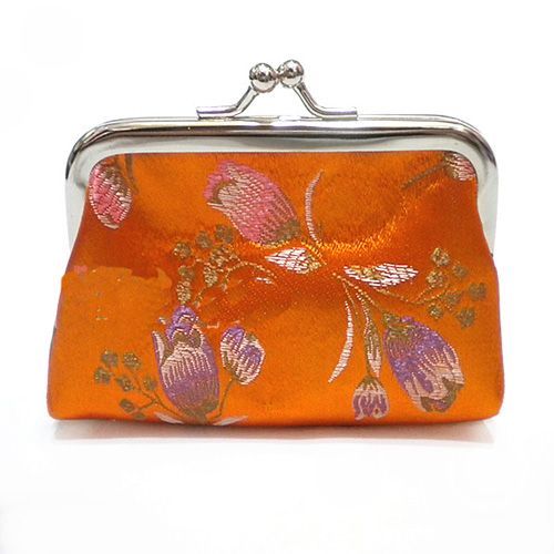 Orange Embroidered Coin Purse Small Clutch Bag Silk Fabric Clasp Coin