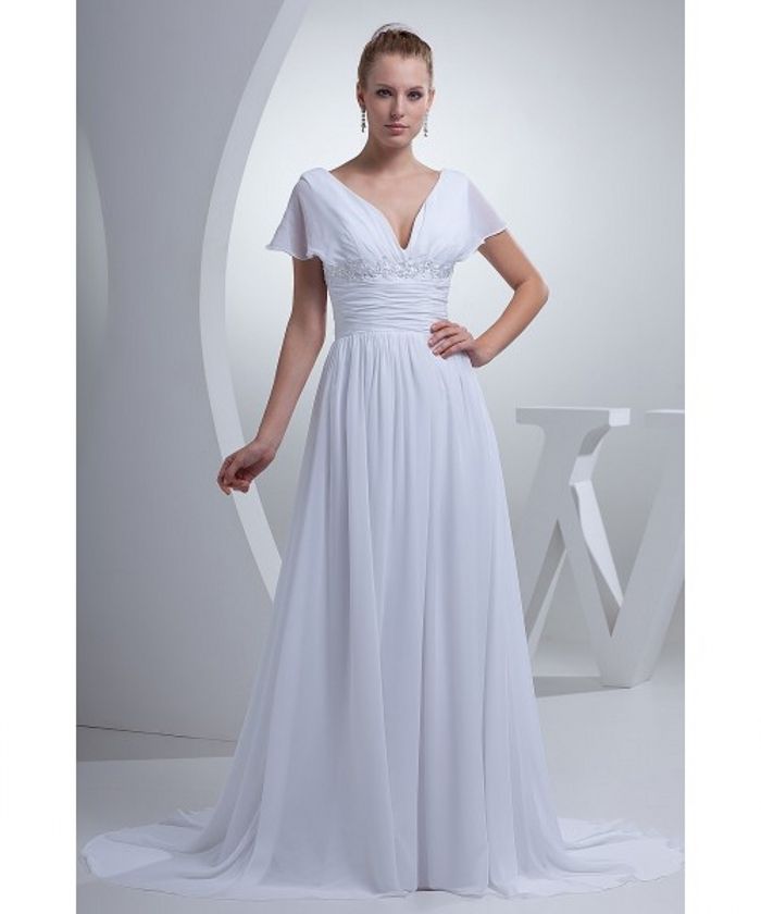 Hot Selling A Line Empire Waist Floor Length White Chiffon Beads Short