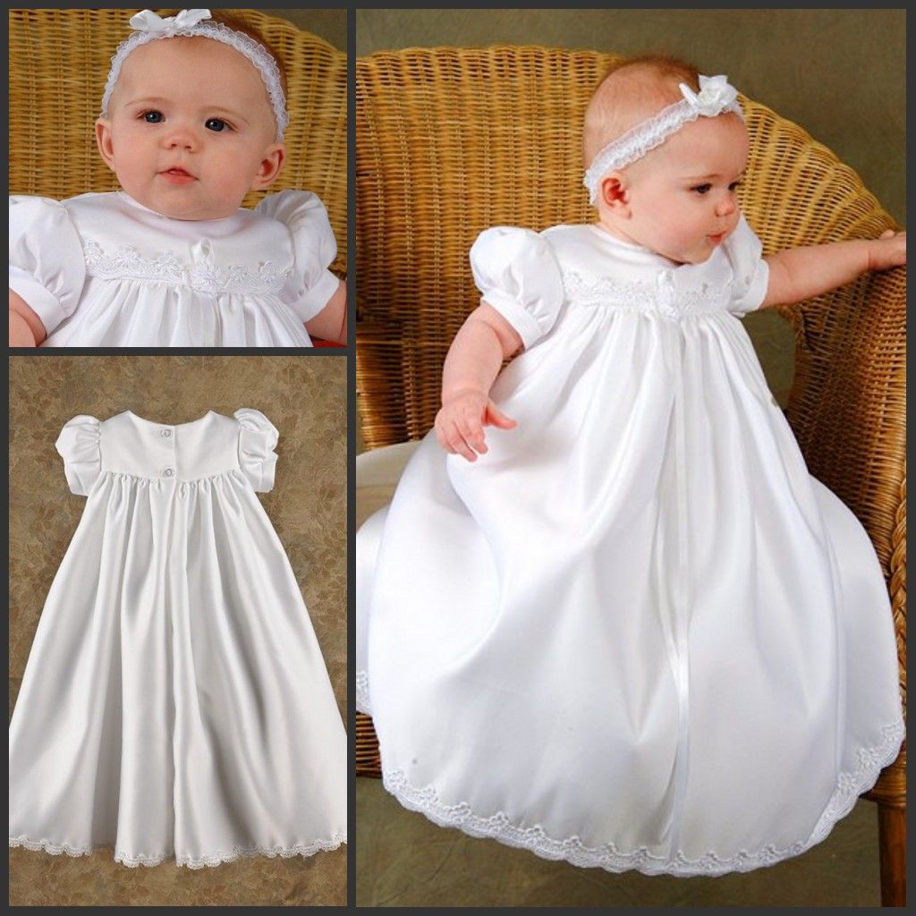 Satin Christening Dress Higher Collar Short Sleeve A Line Floor Length