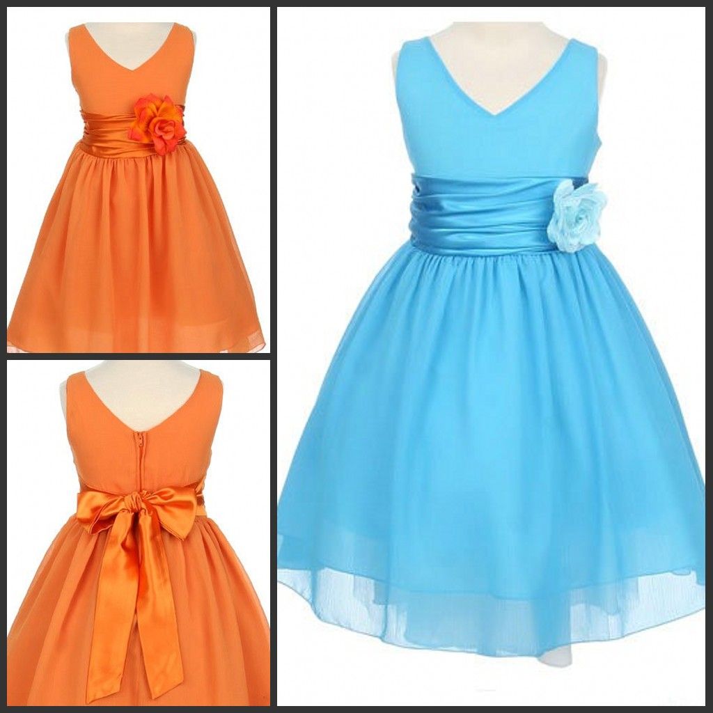 Empire Waist Flower Girl Dress Orange Chiffon ALine Sash Flowers 2013