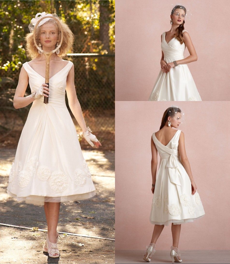 Discount Designer A Line V Neck Cap Sleeve Corset Tea Length Wedding