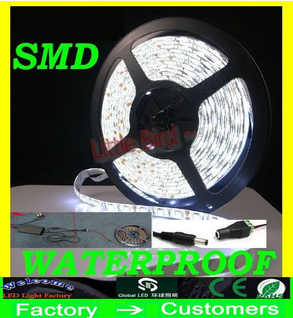 5M Bright Ultra-White LED Strip Light 3528 SMD Waterproof Flexible 300 LEDs Warm White Single Color with Connector Power Supply (12V 2A)