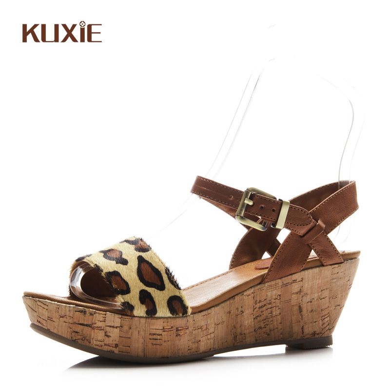 Leopard Print Kuxie Casual Sandals Wood Women's Wedges Shoes from ...