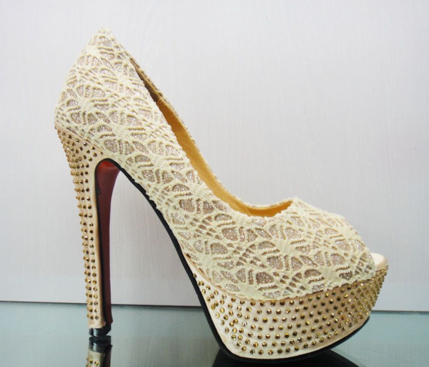 Wonderful 2013 Gold Black Lace Beaded Wedding Bridal Shoes High Heels ...
