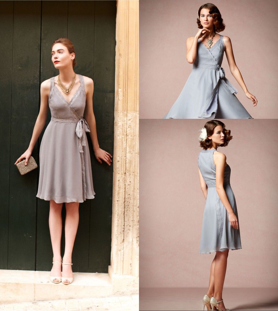 Zbd 109 Romantic Wingspan V Neck Knee Length Grey Bridesmaid Dresses