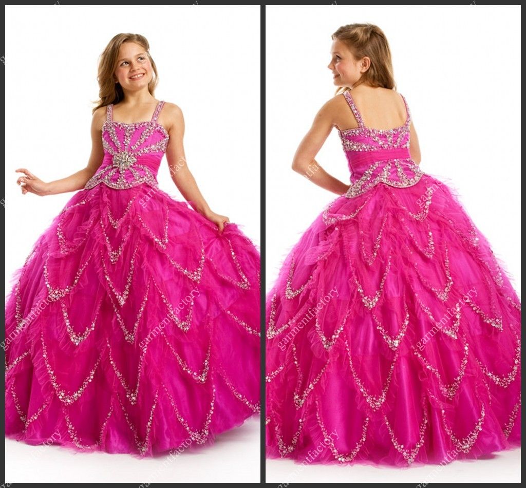 VeraQueen Girl's One Shoulder Beaded Organza Pageant Dress - Fuchsia Long Ball Gown For Special Occasions
