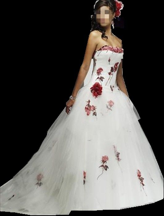 white gown with red flowers