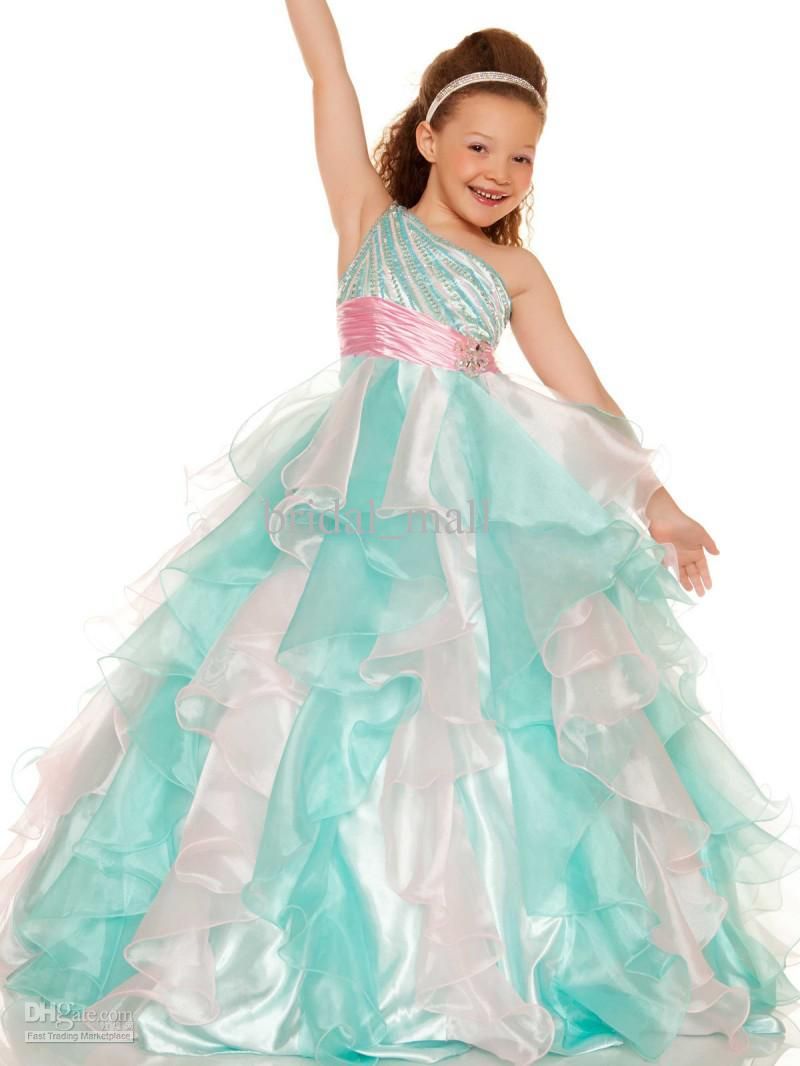 2015 Mint/Pink Little Girls Pageant Dresses Sequined Bodice Single Strap Pageant Flower Girls
