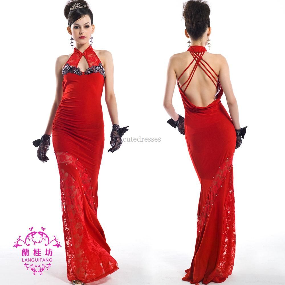 costume long design red evening dress sexy cheongsam collar evening ...