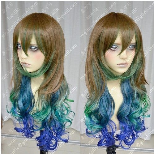 Cosplay wig Mixed Color Mix Long wave Synthetic High temperature Heat Resistant Curly Wigs