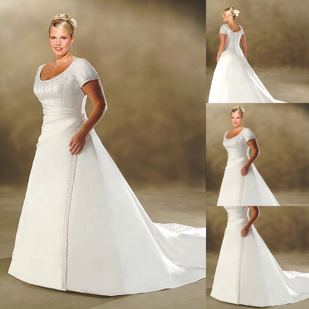 Custom Available Plus Size a Line Cap Sleeves Court Train Beaded Satin