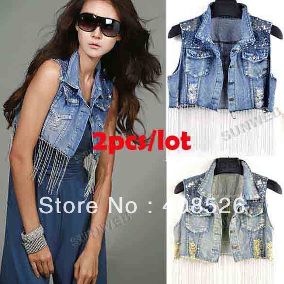 New Womens Sequin Chain Denim Sleeveless Short Jacket Outerwear Jeans