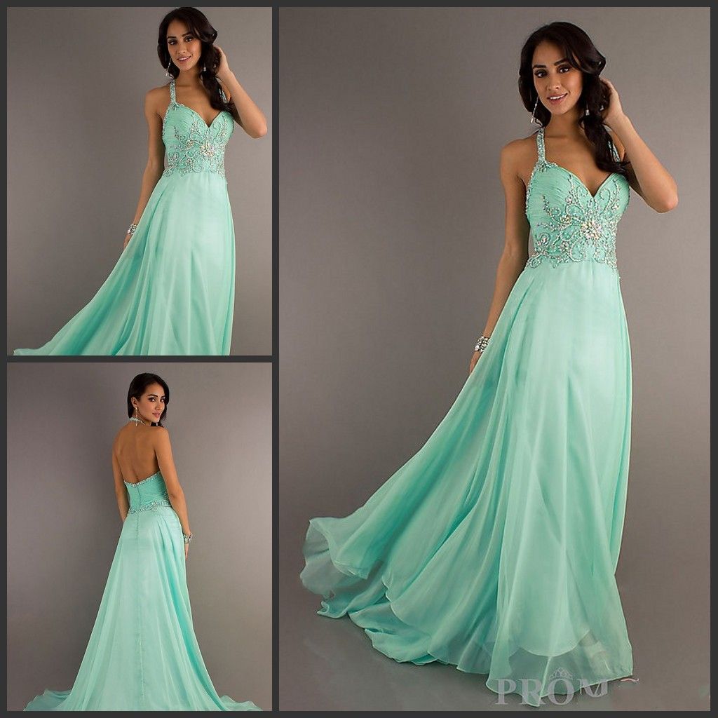 Customized Elegant Halter A Line Sweep Train Crystal Beaded Mint Green