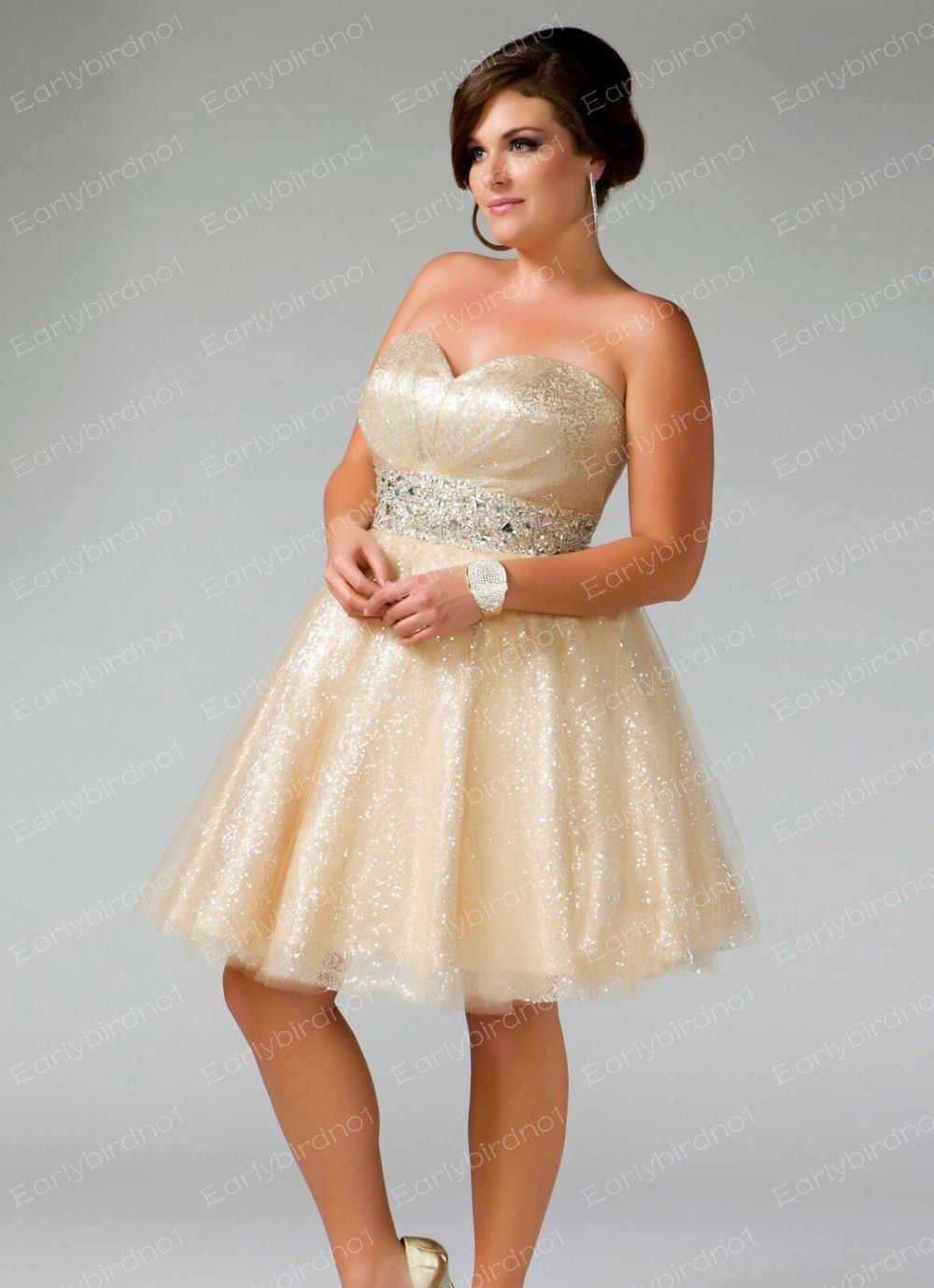 2015 Plus Size Special Occasion Dresses Summer Sweetheart Sequins Tulles Sash Knee Length Gold