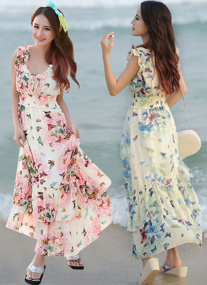 Summer Dresses Women Ladies Ruffles Chiffon Dress Bohemian Beach Dress ...