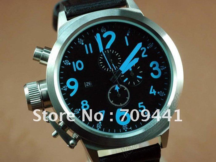 Stainless Steel Big Size 50mm Case Mens Chronograph Watch Black Leather