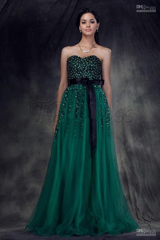 New Classic Newest Black Silver Beaded Strapless Black Sash Emerald