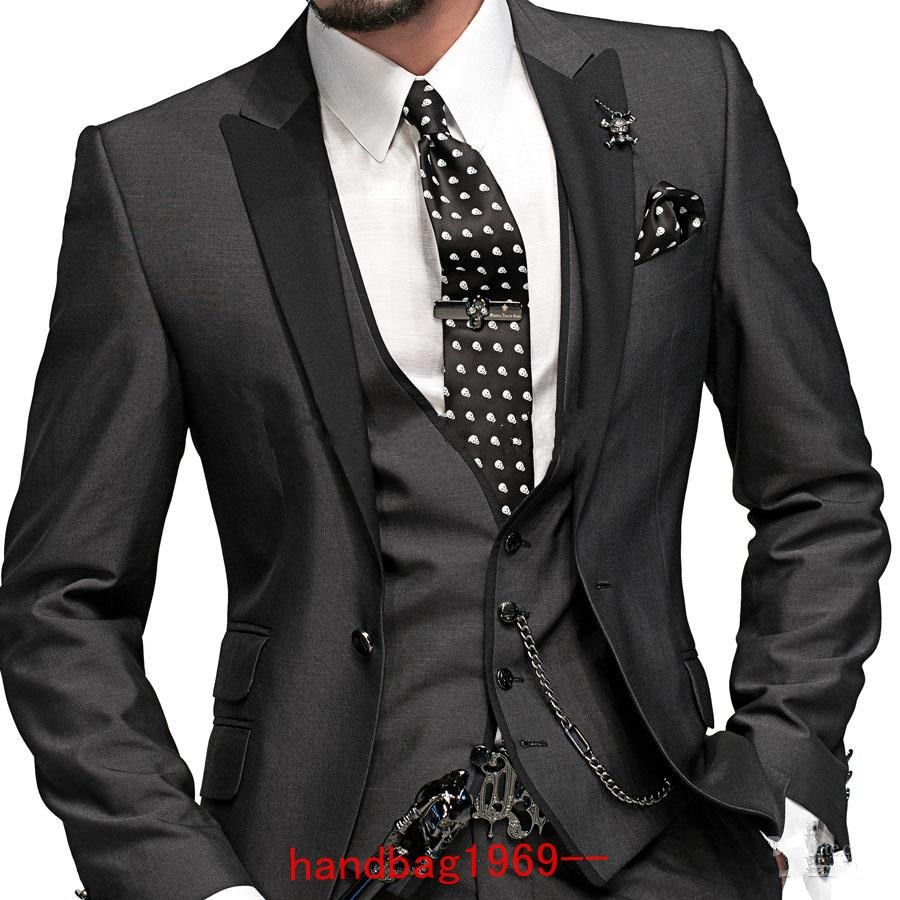 Slim fit One Button Charcoal Grey Groom Tuxedos Best Man Peak Black Lapel Groomsmen Men Wedding Suits Bridegroom (Jacket+Pants+Tie+Vest) F2