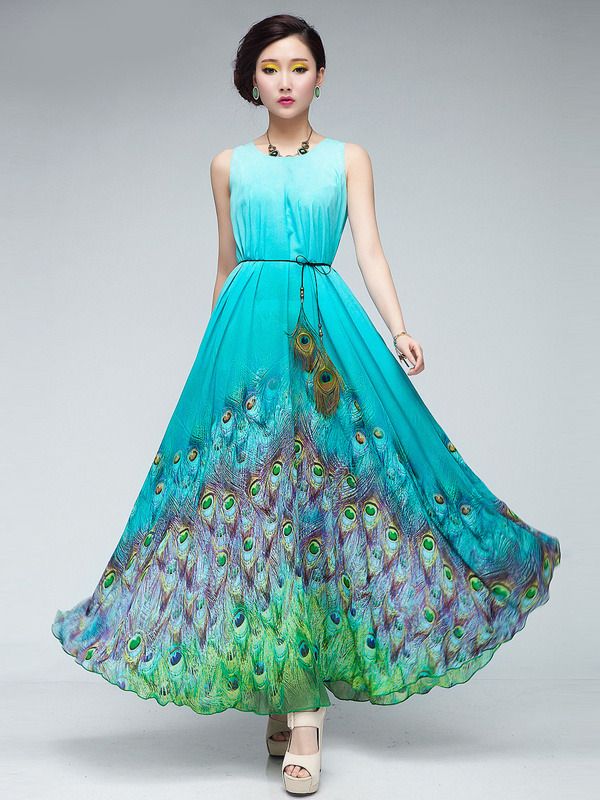 Green Peacock Printed Chiffon Jewel Neck Women's Maxi Dress u5 163o
