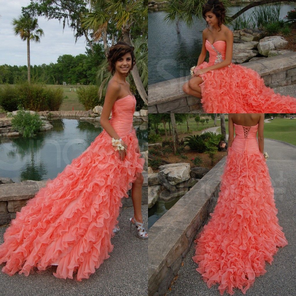 Zpd 164 Beautiful Coral Color Strapless Sweetheart High Low Organza