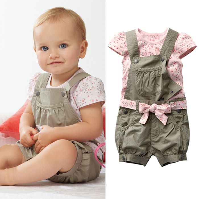 2017 Cute Baby Girl Jumpsuit / Khaki Strap + Pink T Shirt Flower + Belt