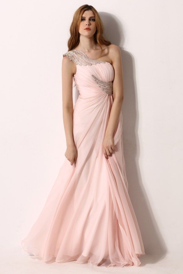 Light Pink Prom Dress Beaded A Line Chiffon Strapless