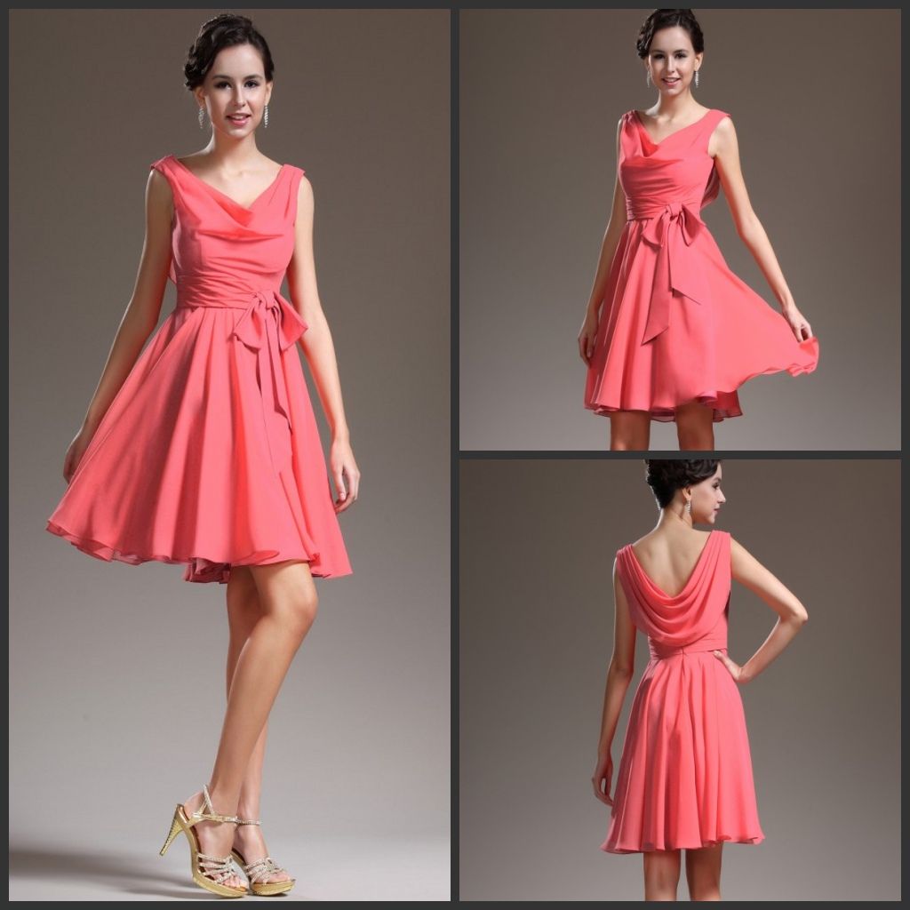 Best Selling Cheap Coral Short Chiffon Bridesmaid Dress Party Gown