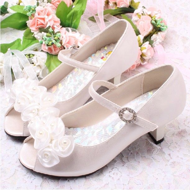 Free Shipping Spring Flower Beige High Heel Kids Girls Princess Shoes ...