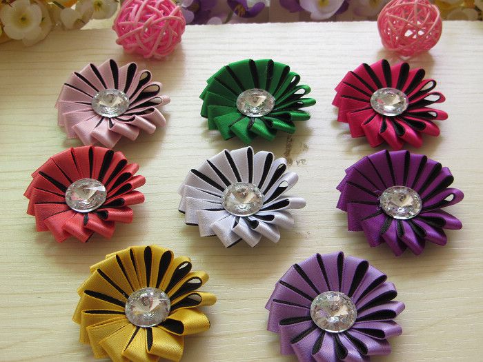 Diy Girls Hair Accessories 1.8inch Handmade Flowers With Drill Ribbon