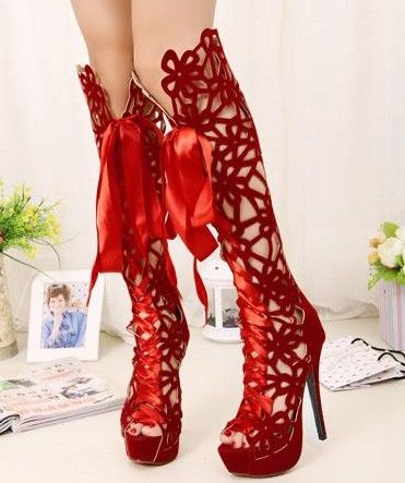Sexy Gladiator Sandal Boots Super High Heel Hollow Out Red Black ...