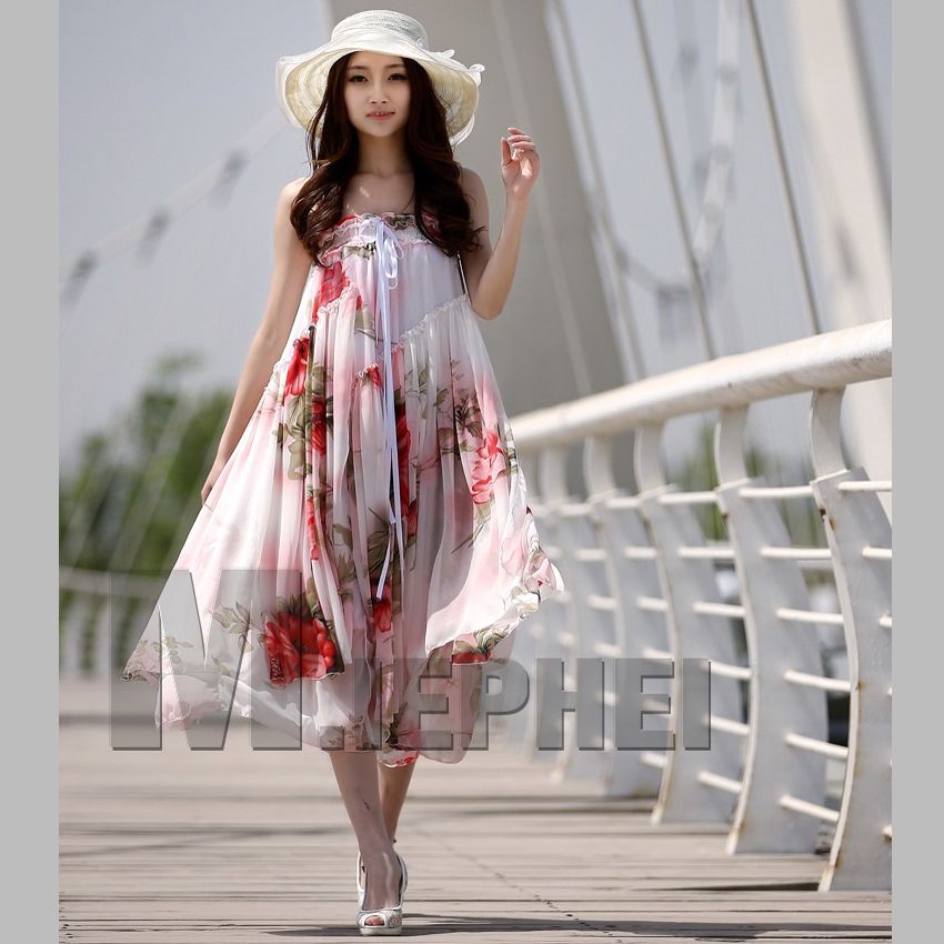 ladies maxi dress Boho Bohemian Chiffon dress summer strapless dress ...