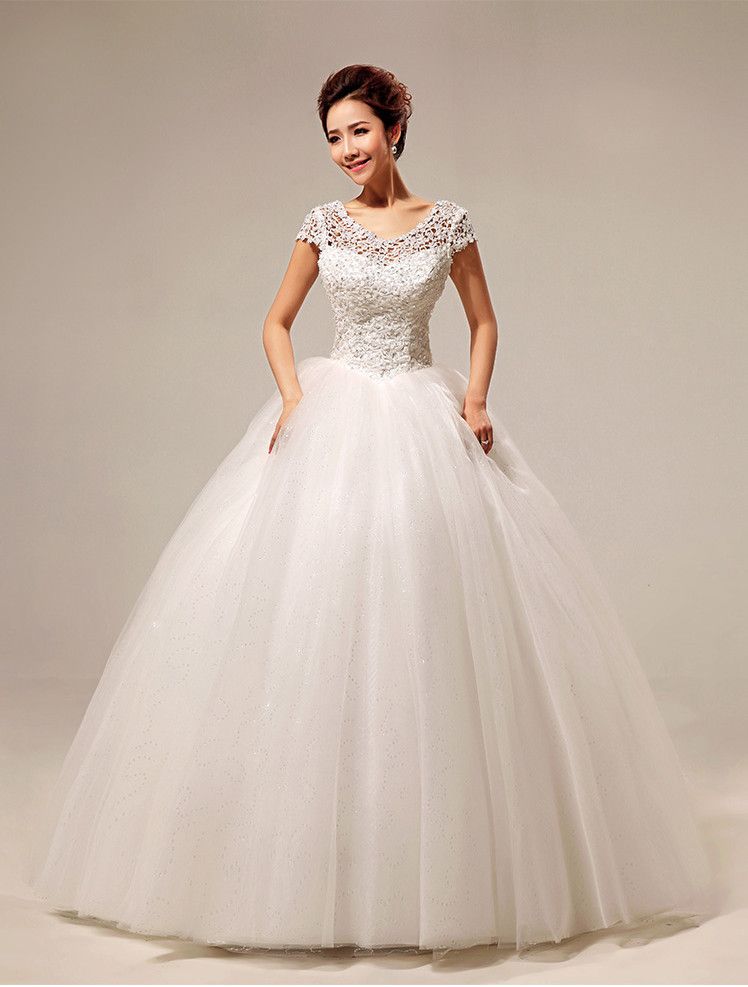 Elegant Ball Gown Short Sleeve Beading Floor Length Lace Up Cheap ...