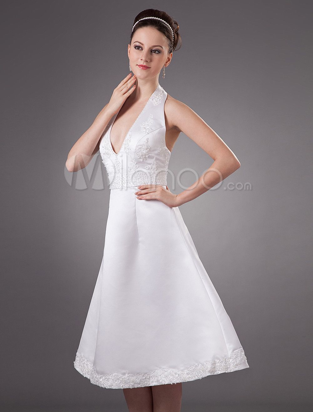White Empire Waist Halter V Neck Satin Chiffon Mini Wedding Dress