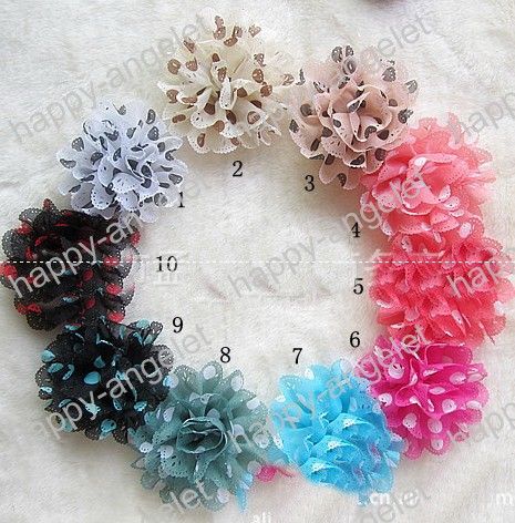 Free Shipping lace Wave point flower baby Kids DIY Chiffon Dot flowers flat back Hair accessory Head Flower corsage hat decoration HT2129