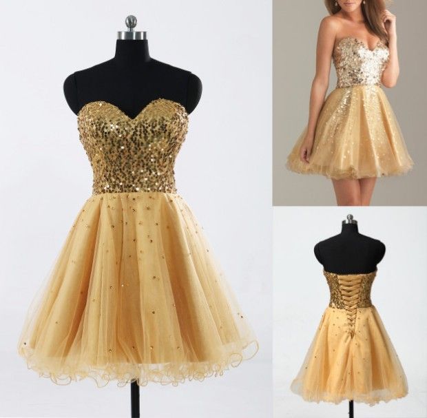 In Stock Cheap Homecoming Dresses Gold Sequin Sweetheart A Line Short ...