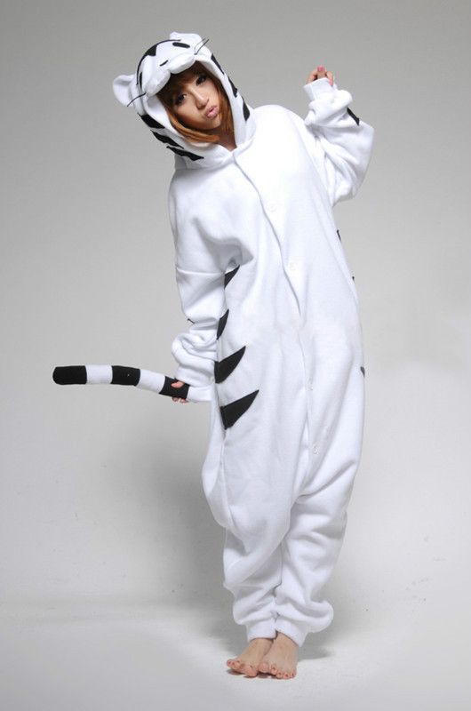 White Tiger Animal Onesie Hoodie Costume Kigurumi Coral Fleece Unisex