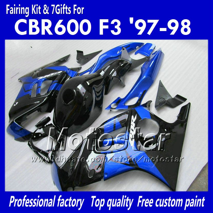 Fairing kit for HONDA CBR600 F3 97 98 CBR 600 F3 1997 1998 CBR 600F3 97 98 glossy blue black custom fairings+7 gifts, Multi-color 
Fairing kit for HONDA CBR600 F3 97 98 CBR 600 F3 1997 1998 CBR 600F3 97 98 glossy blue black custom fairings+7 gifts, Multi-color