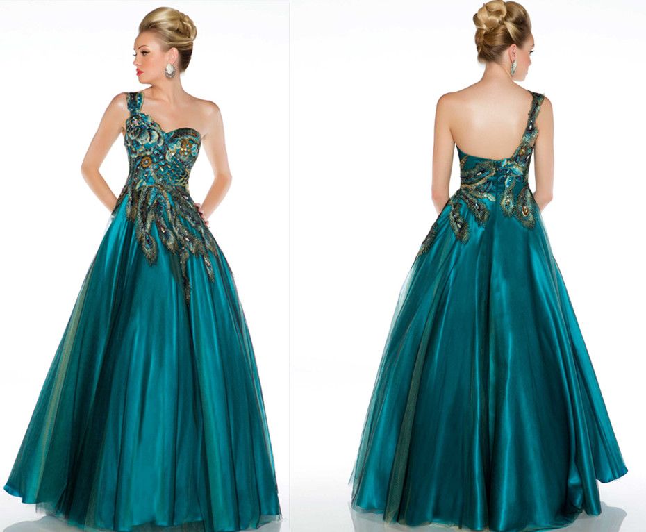 One Shoulder Prom Dresses 2015 Pleated Peacock Feather One Shoulder