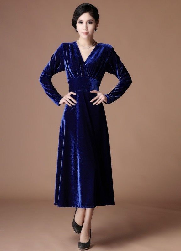 A Line Royal Blue Velvet V Neck Tea Length Fashion Cocktail Dress u11