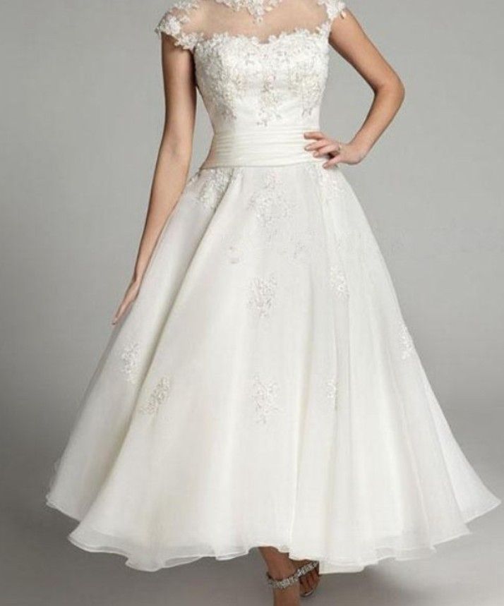 Discount 2014 Hot New Sweetl!white A Line Tea Length Closed Back Applique Jewel Short Sleeves