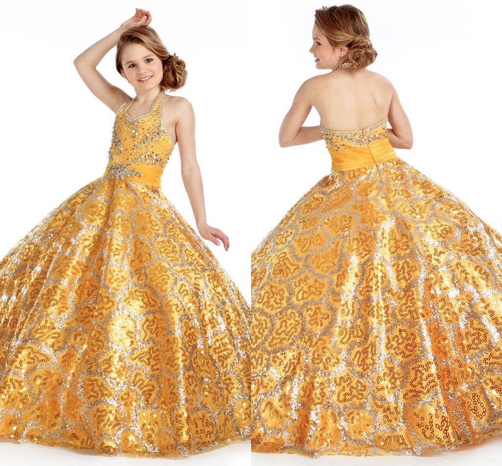 Gold Girl's Party Pageant Dresses Halter Crystals Beads Sweep