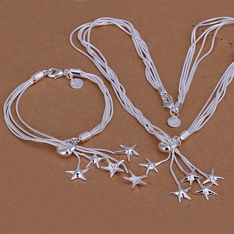 Fashion 925 silver jewelry set five starfish snake chain bracelets ...