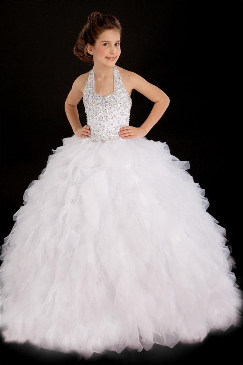 High Quality White Halter Pageant Dresses For Little Girl Tiered Floor